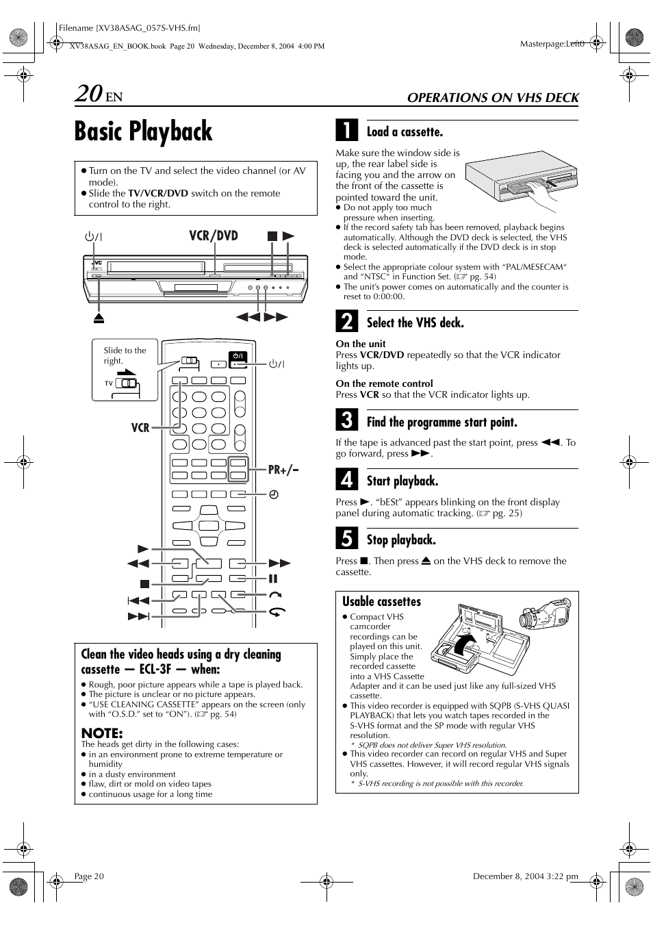 Operations on vhs deck, Basic playback | JVC 0105KTH-MW-BJ User Manual | Page 20 / 72