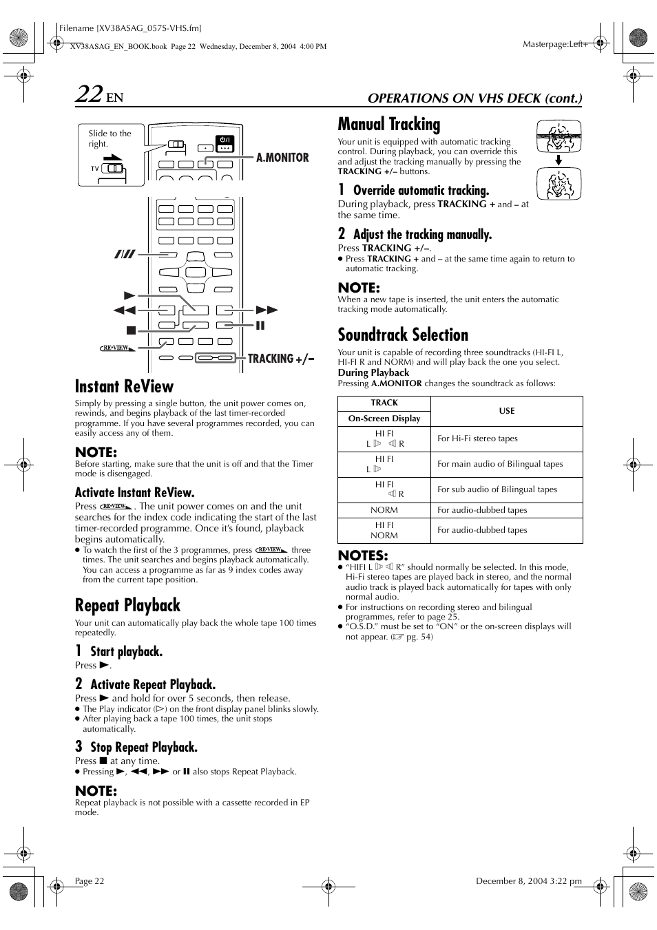 Instant review, Repeat playback, Manual tracking | Soundtrack selection, Operations on vhs deck (cont.), Activate instant review, Start playback, Activate repeat playback, Stop repeat playback, Override automatic tracking | JVC 0105KTH-MW-BJ User Manual | Page 22 / 72