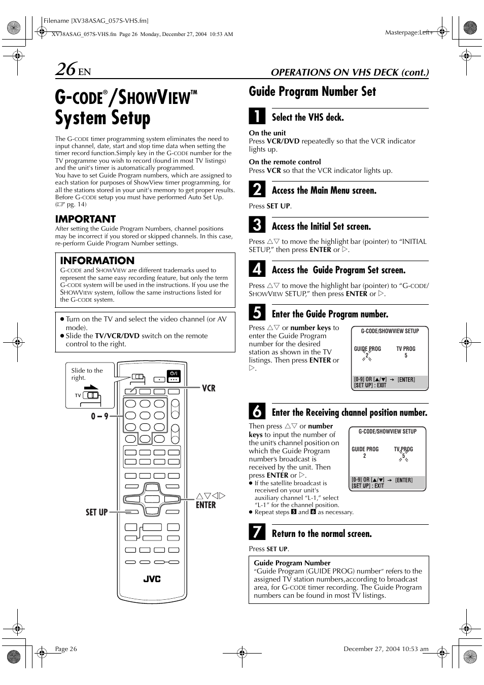 G-coder/showviewtm system setup, System setup, Code | Guide program number set | JVC 0105KTH-MW-BJ User Manual | Page 26 / 72