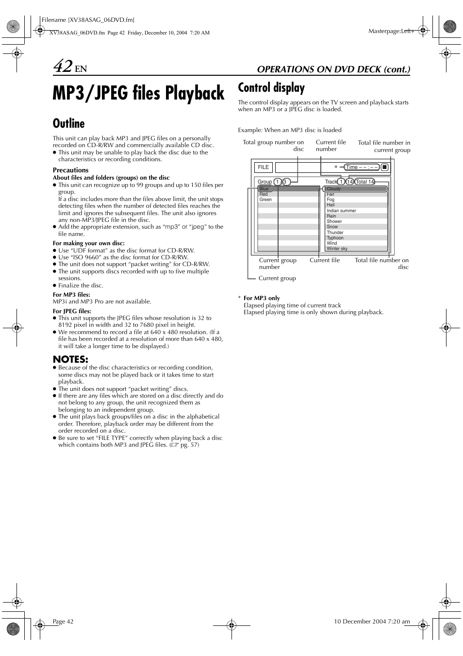 Mp3/jpeg files playback, Outline, Control display | Operations on dvd deck (cont.) | JVC 0105KTH-MW-BJ User Manual | Page 42 / 72
