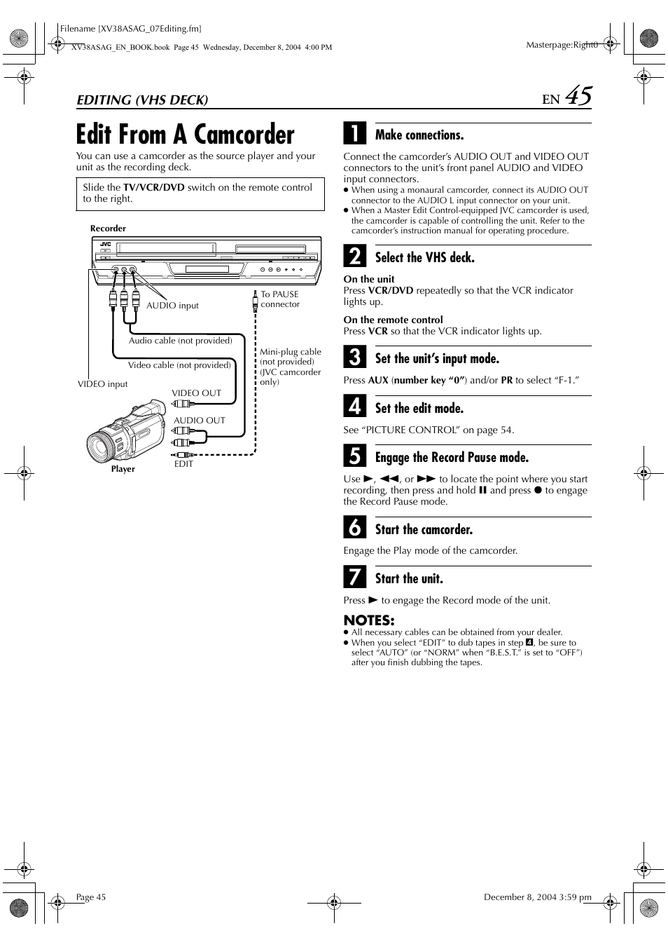 Editing (vhs deck), Edit from a camcorder | JVC 0105KTH-MW-BJ User Manual | Page 45 / 72