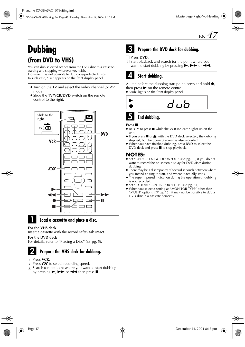 Dubbing (from dvd to vhs), Dubbing | JVC 0105KTH-MW-BJ User Manual | Page 47 / 72