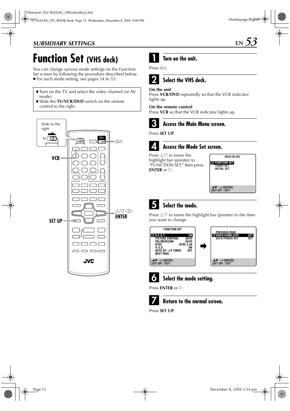 Subsidiary settings, Function set (vhs deck), Function set | Vhs deck) | JVC 0105KTH-MW-BJ User Manual | Page 53 / 72