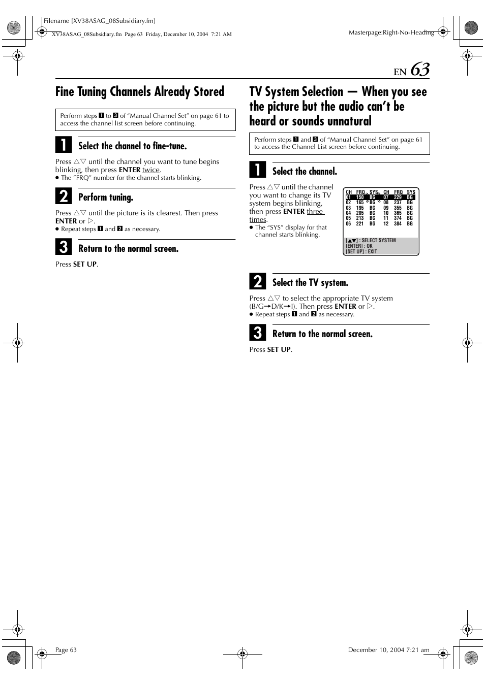 Fine tuning channels already stored, Select the channel to fine-tune, Perform tuning | Return to the normal screen, Select the channel, Select the tv system | JVC 0105KTH-MW-BJ User Manual | Page 63 / 72