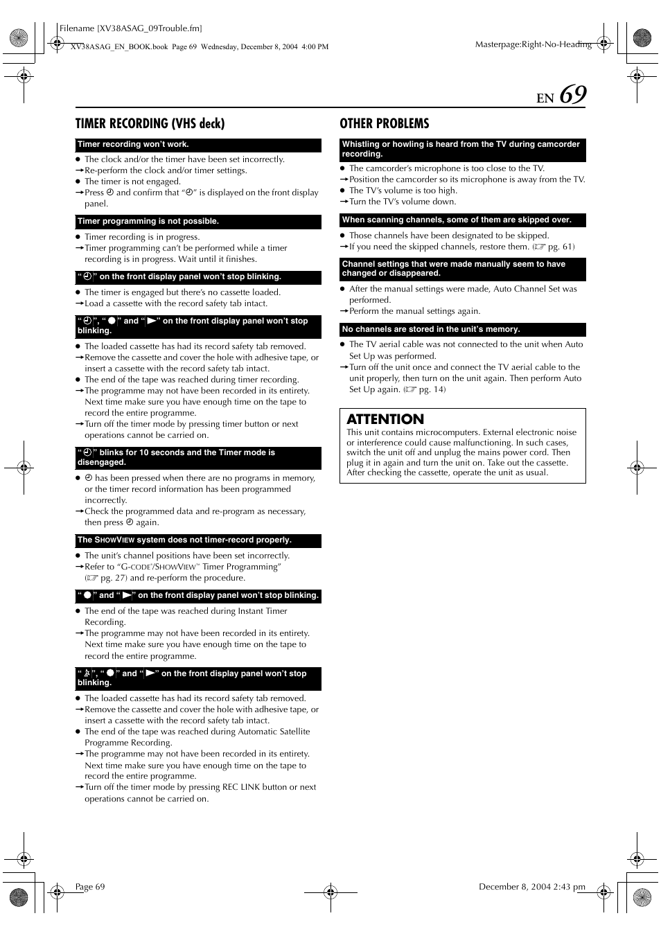 Timer recording (vhs deck), Other problems, Attention | JVC 0105KTH-MW-BJ User Manual | Page 69 / 72