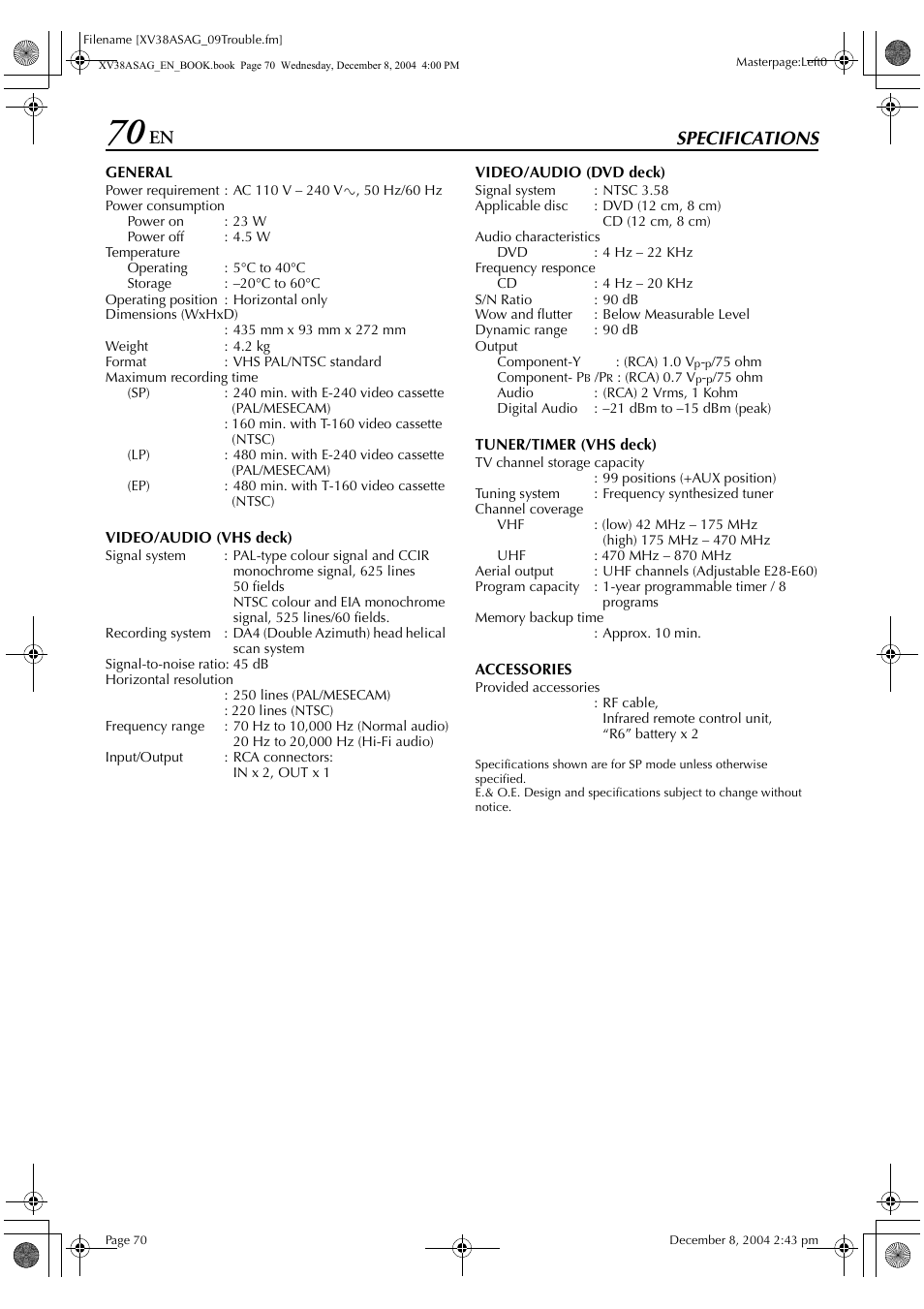 Specifications | JVC 0105KTH-MW-BJ User Manual | Page 70 / 72