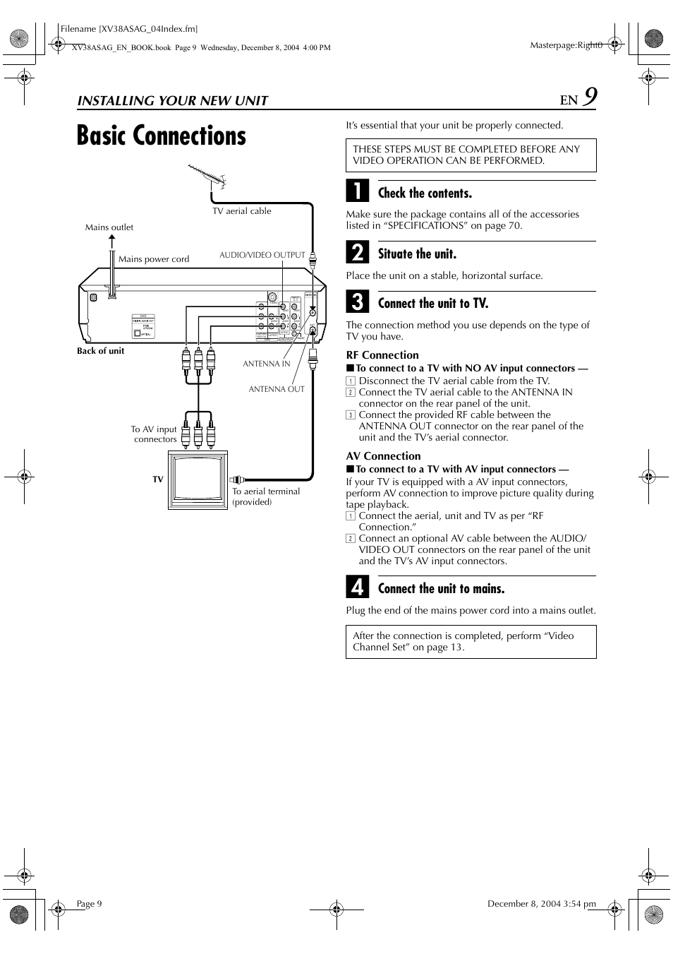 Installing your new unit, Basic connections, Check the contents | Situate the unit, Connect the unit to tv, Connect the unit to mains | JVC 0105KTH-MW-BJ User Manual | Page 9 / 72