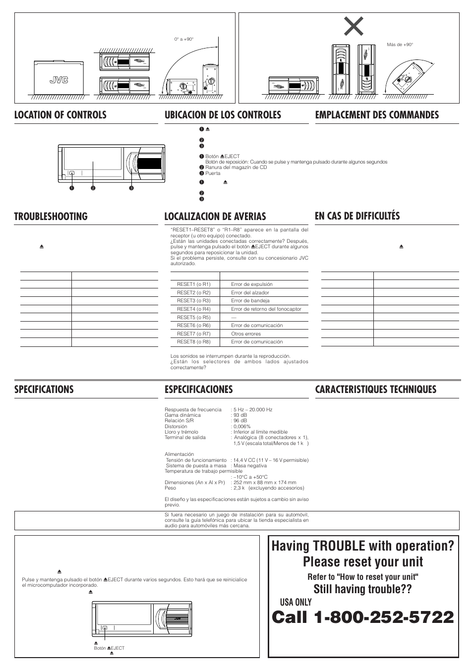 Still having trouble, Localizacion de averias, Troubleshooting | We can help you, En cas de difficultés, Usa only, Refer to "how to reset your unit | JVC CH-X350 User Manual | Page 3 / 6