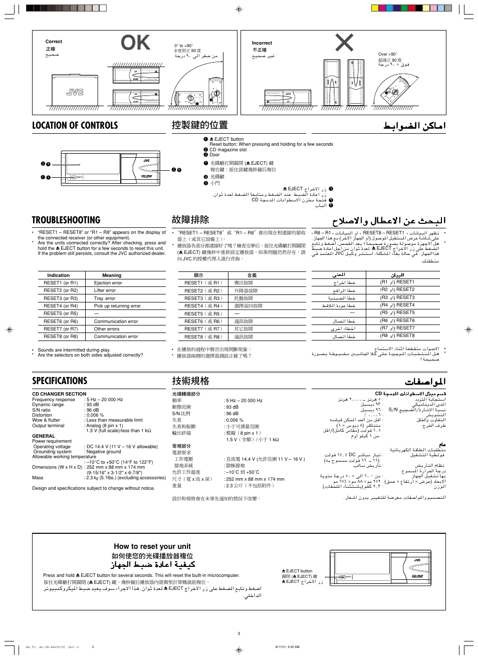 Location of controls, Troubleshooting, Specifications | ﻂﺑاﻮﻀﻟا ﻦﻛﺎﻣا, تﺎﻔﺻاﻮﳌا, حﻼﺻﻻاو لﺎﻄﻋﻻا ﻦﻋ ﺚﺤﺒﻟا, زﺎﻬﳉا ﻂﺒﺿ ةدﺎﻋا ﺔﻴﻔﻴﻛ, How to reset your unit | JVC CH-X460 User Manual | Page 3 / 6