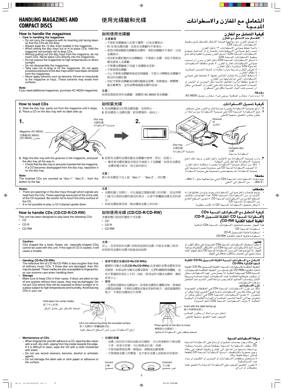 Handling magazines and compact disc, تﺎﻧاﻮﻄﺳﻻاو نزﺎﻟﻤﺨا ﻊﻣ ﻞﻣﺎﻌﺘﻟا, Cd/cd-r/cd-rw) | JVC CH-X460 User Manual | Page 5 / 6