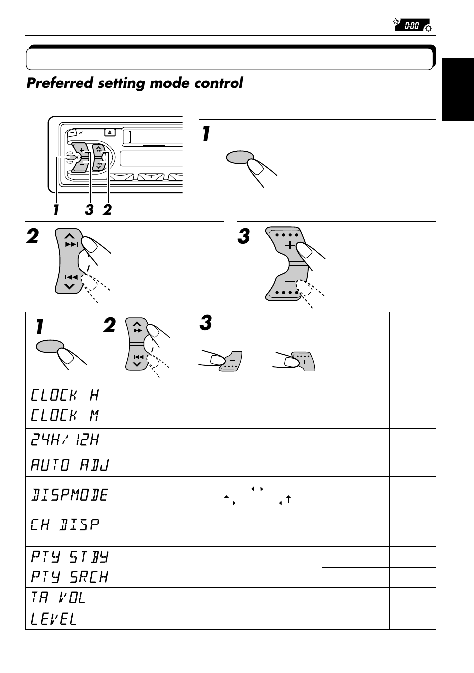 Storing your own mode settings, Preferred setting mode control, Select each mode | Set the de- sired mode | JVC KS-F530R User Manual | Page 23 / 32