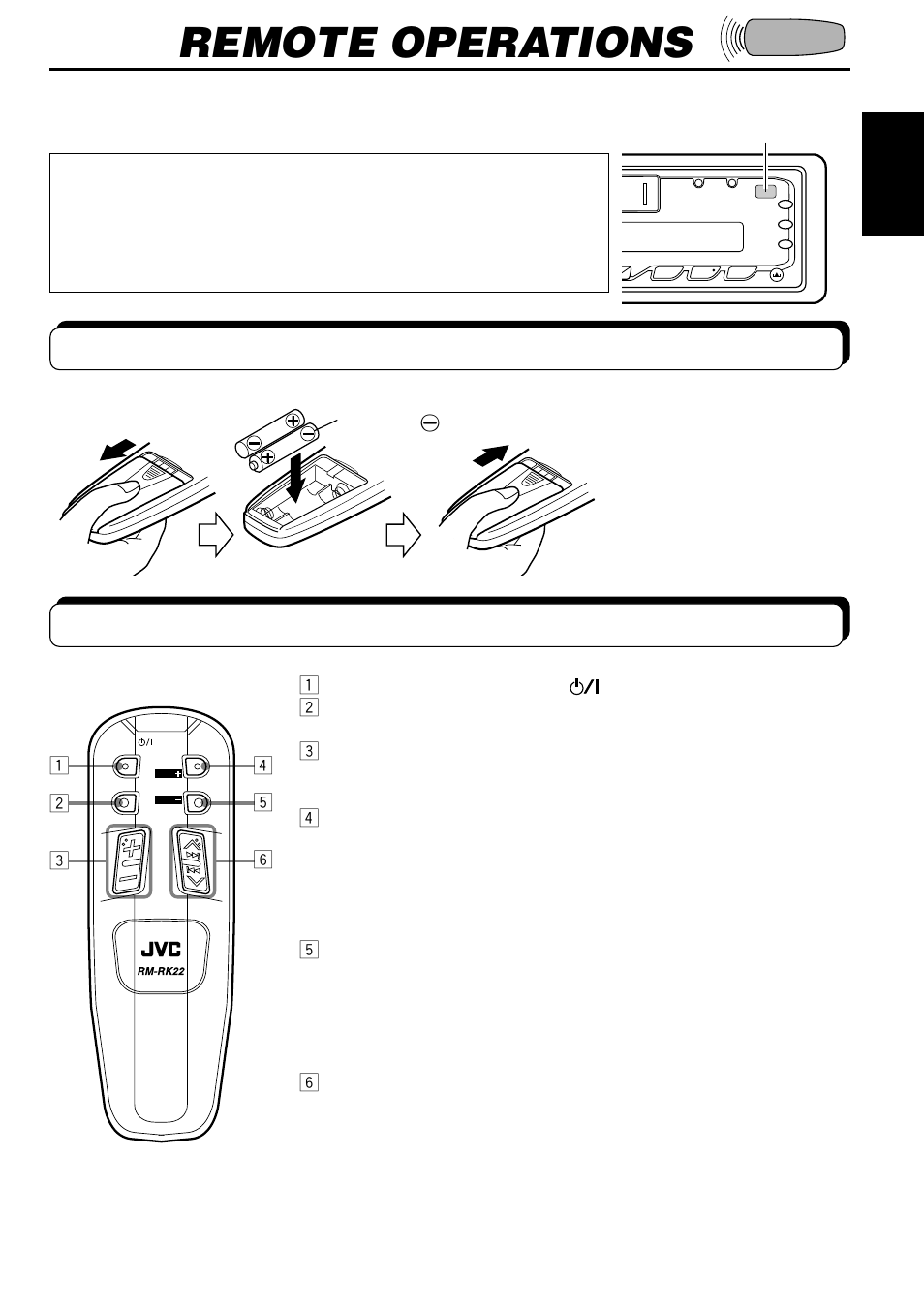 Remote operations, Installing the batteries, Using the remote controller | JVC KS-F530R User Manual | Page 25 / 32