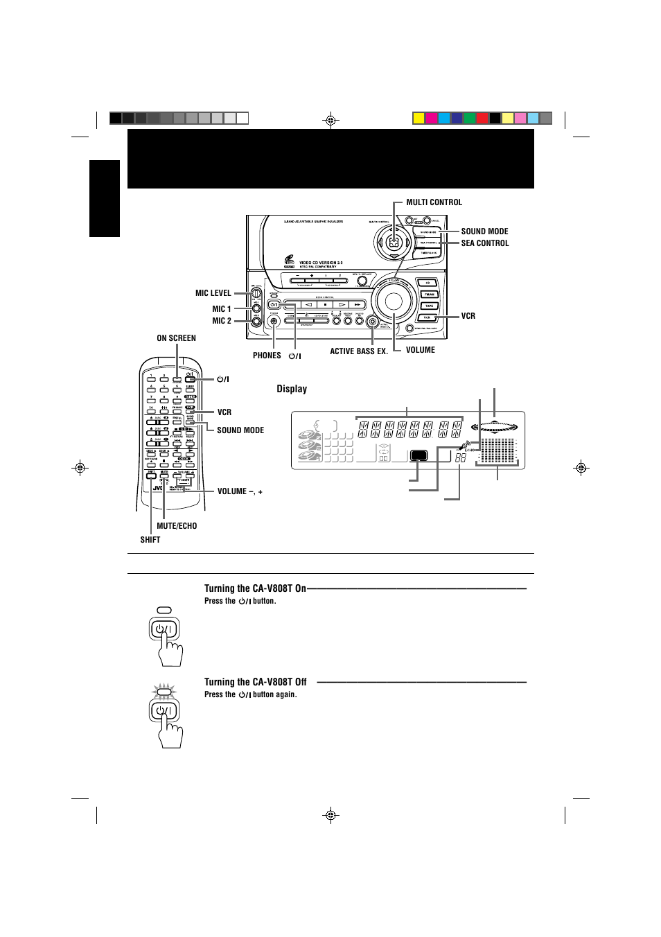 Using the amplifier, Turning the power on and off, English | Turning the ca-v808t on, Turning the ca-v808t off, Display | JVC CA-V808T User Manual | Page 12 / 53