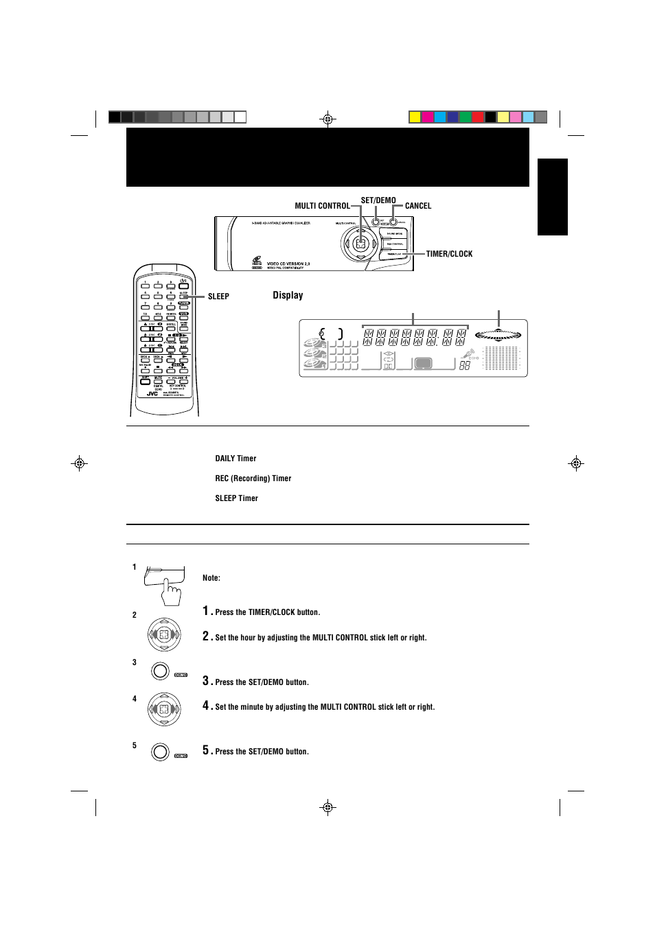 Using the timers, Setting the clock, English | Display | JVC CA-V808T User Manual | Page 43 / 53