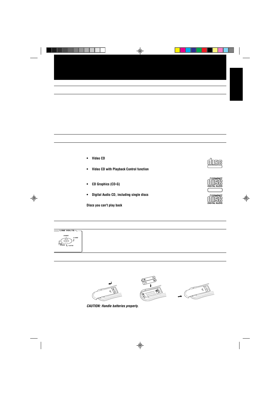 Getting started, Accessories, Types of cds you can play | Set the voltage selector switch, How to put batteries in the remote control, English | JVC CA-V808T User Manual | Page 7 / 53