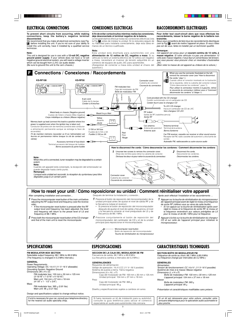 Electrical connections, Conexiones electricas, Raccordements electriques | Fconnections / conexiones / raccordements | JVC KS-RF50 User Manual | Page 3 / 6