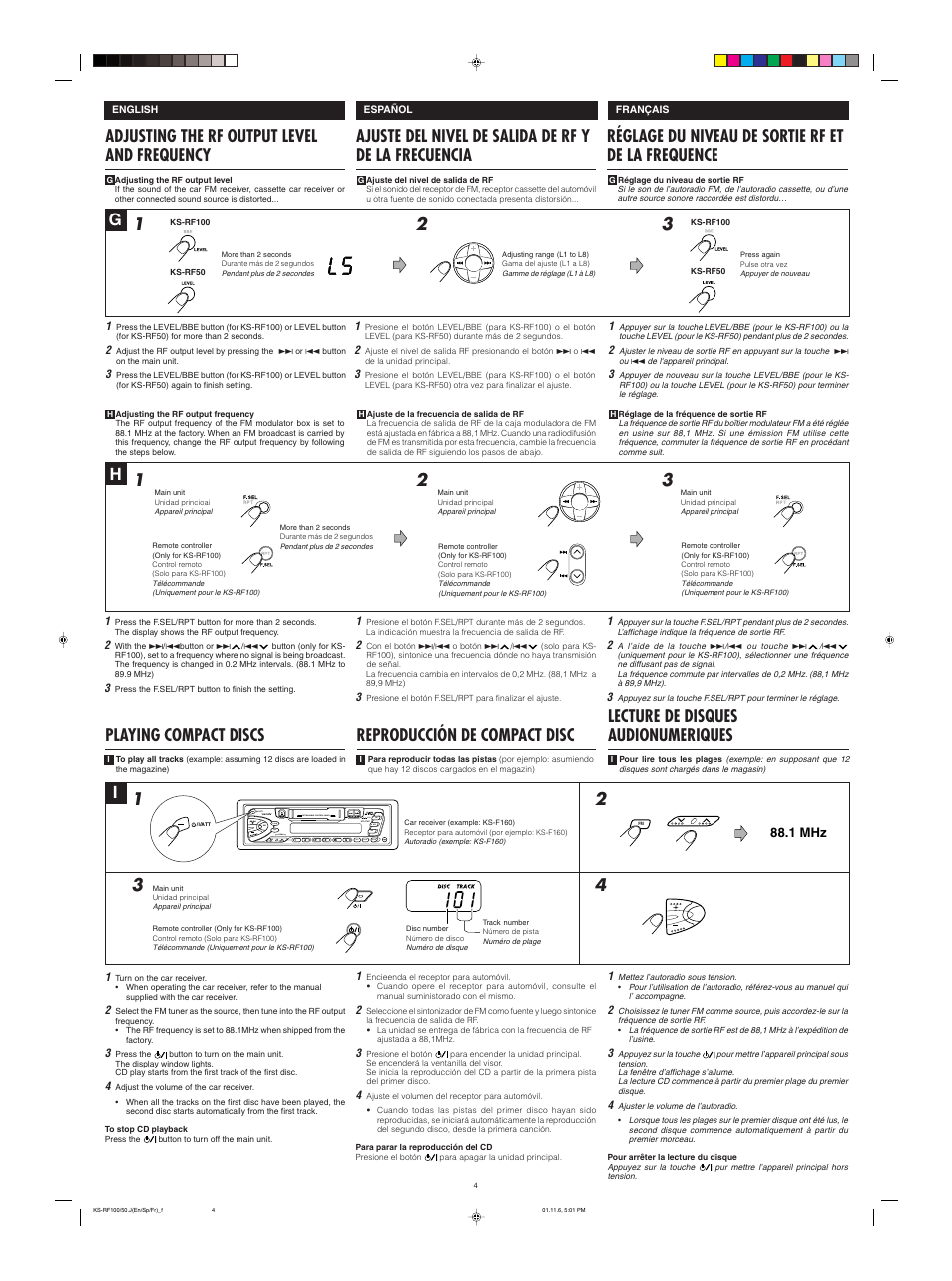 Lecture de disques audionumeriques i, Reproducción de compact disc playing compact discs, Prog am ex fm | 1 mhz | JVC KS-RF50 User Manual | Page 4 / 6