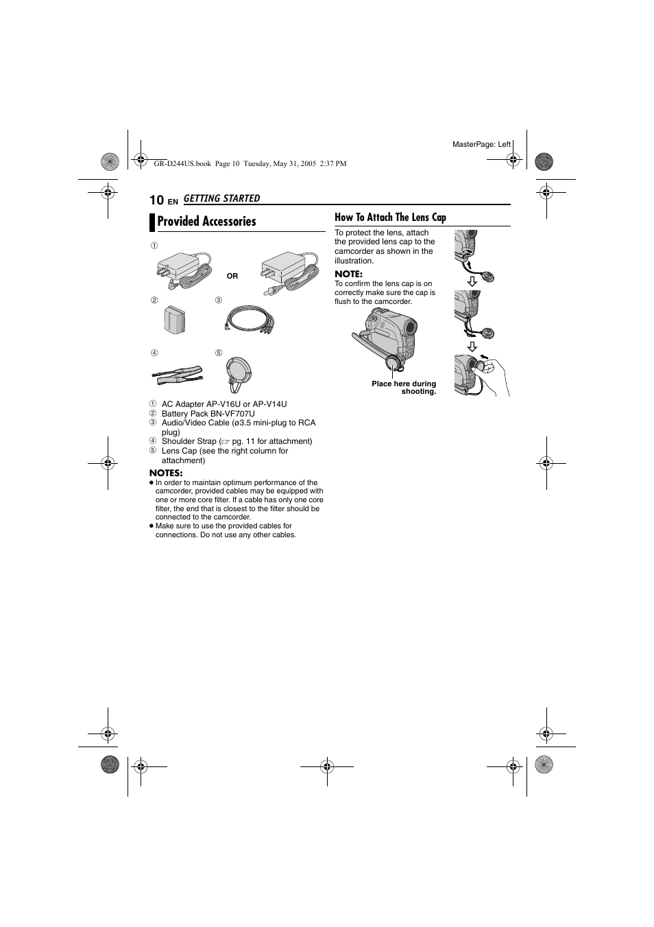 Provided accessories, How to attach the lens cap | JVC Model GR-D244US User Manual | Page 10 / 48