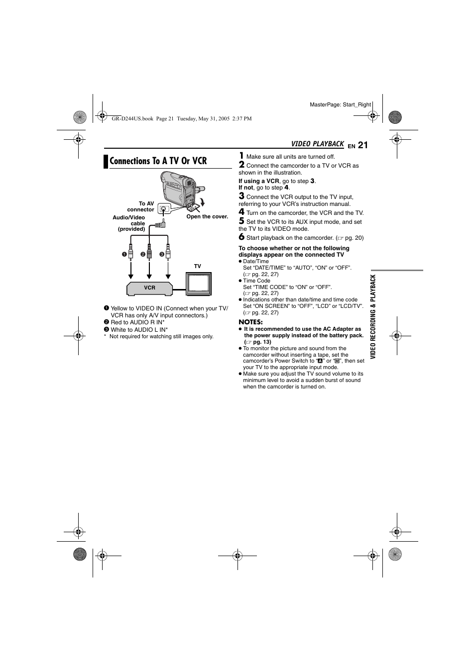 Connections to a tv or vcr, Pg. 21, 3, Pg. 21) | JVC Model GR-D244US User Manual | Page 21 / 48