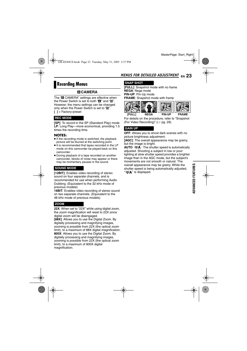 Recording menus, Pg. 23), Pg. 23) (a | Pg. 23, Mera | JVC Model GR-D244US User Manual | Page 23 / 48