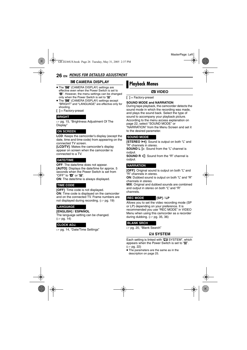 Playback menus, Pg. 26, 2, R (੬ pg. 26) | Time, Pg. 26, Pg. 26, 27, Pg. 26), Video | JVC Model GR-D244US User Manual | Page 26 / 48
