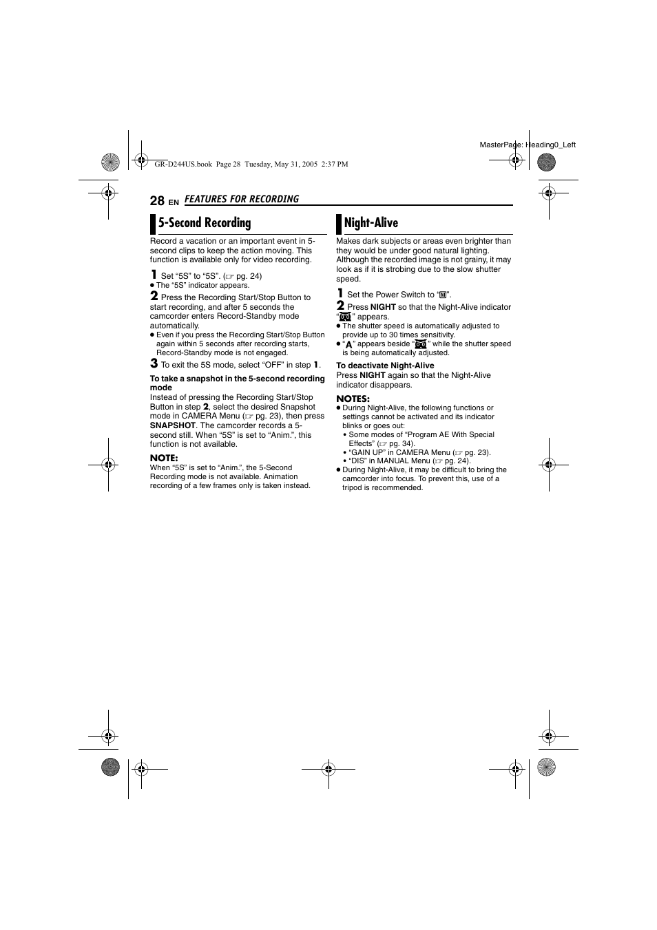 Features for recording, Second recording, Night-alive | 28 night-alive, Pg. 28), Second recording night-alive | JVC Model GR-D244US User Manual | Page 28 / 48