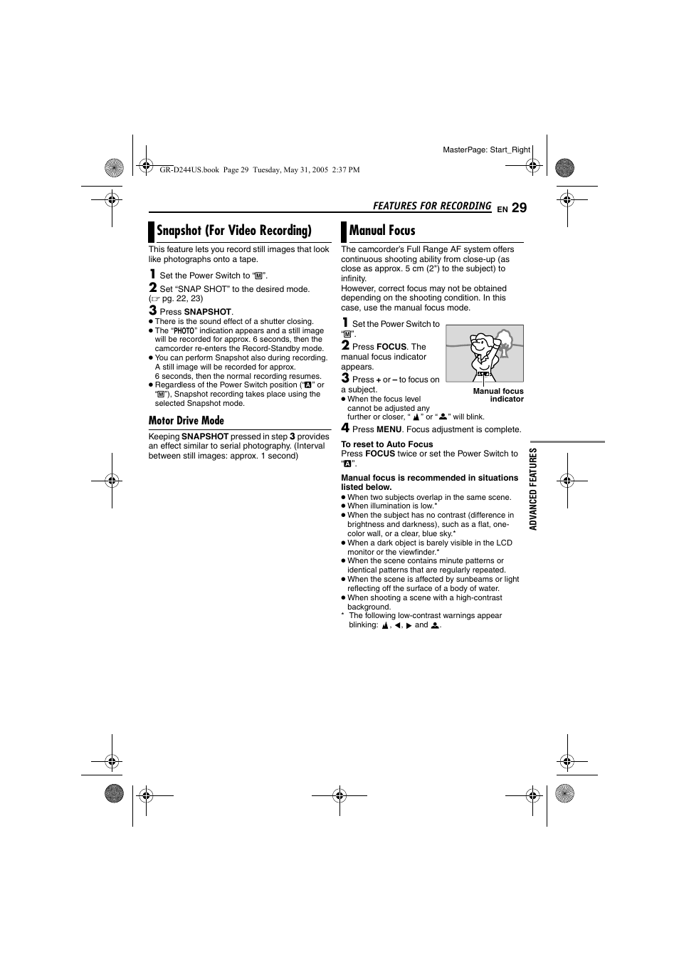 Snapshot (for video recording), Motor drive mode, Manual focus | 29 manual focus, Focus, Pg. 29), Snapshot (for video recording) manual focus | JVC Model GR-D244US User Manual | Page 29 / 48