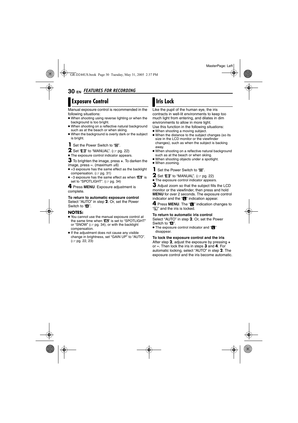 Exposure control, Iris lock, 30 iris lock | Pg. 30), Exposure control iris lock | JVC Model GR-D244US User Manual | Page 30 / 48