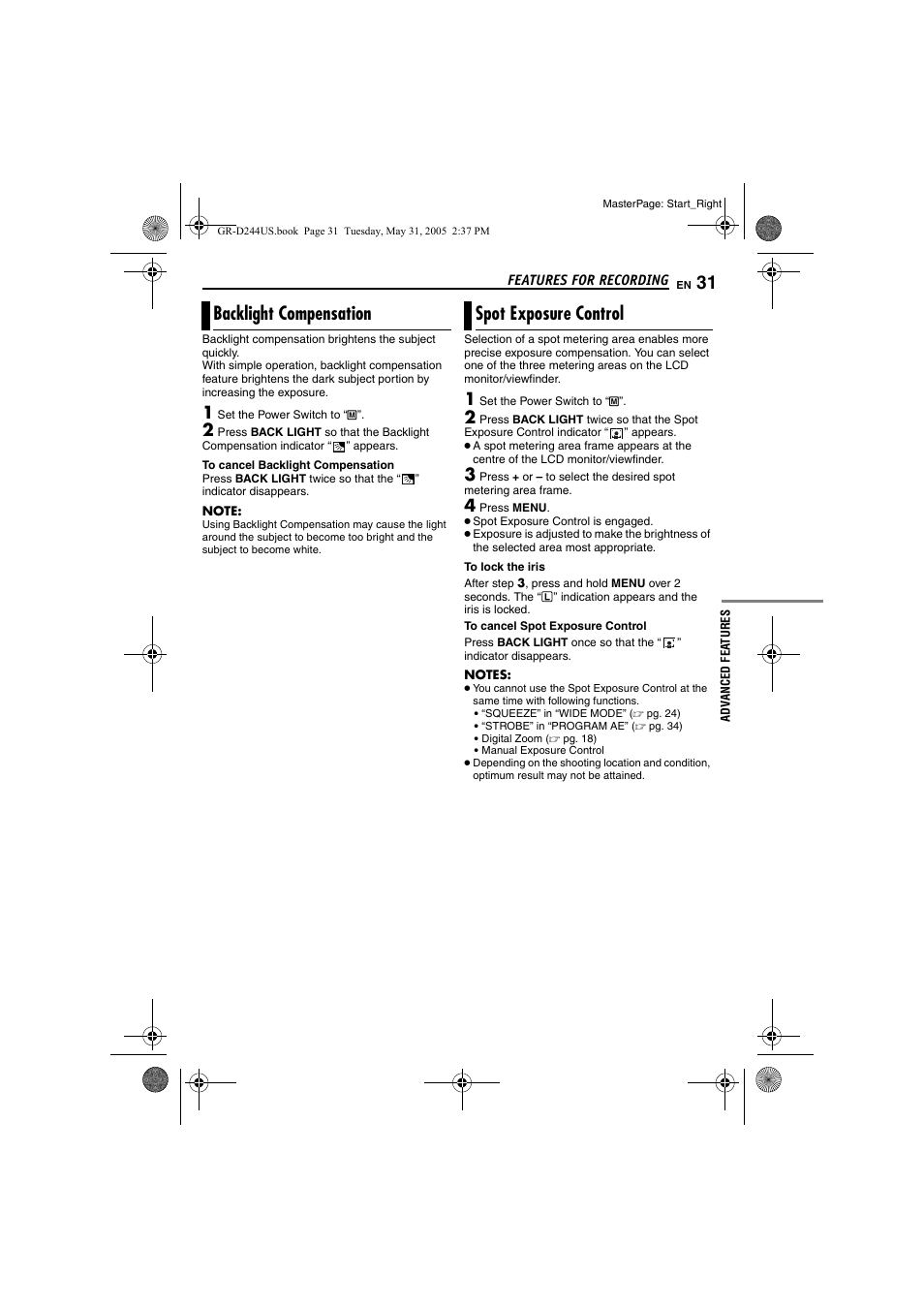 Backlight compensation, Spot exposure control, Pg. 31) | Pg. 31, spot exposure, Control), 31 spot exposure control, Light, Backlight compensation spot exposure control | JVC Model GR-D244US User Manual | Page 31 / 48