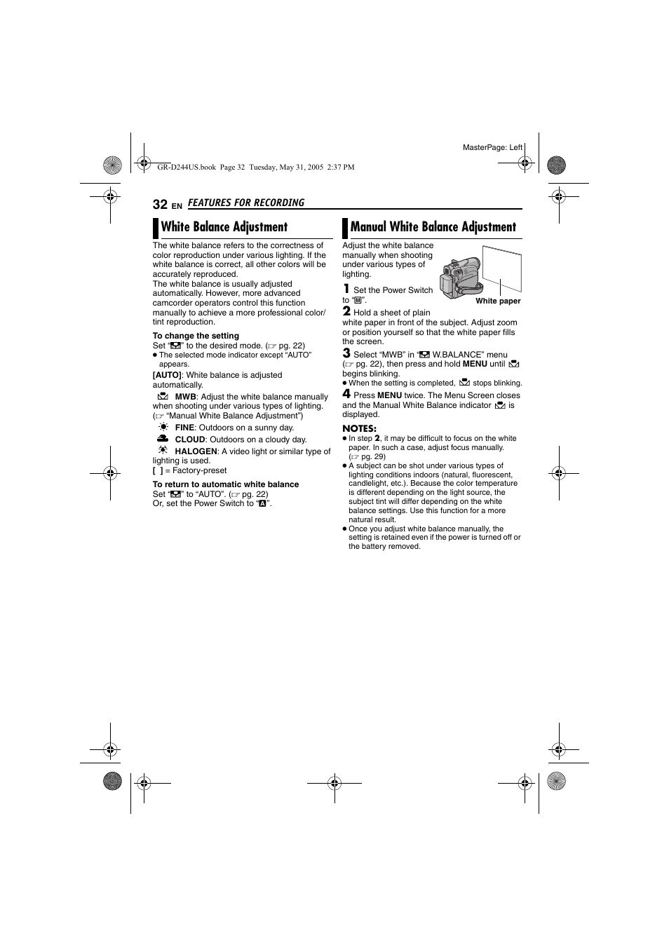 White balance adjustment, Manual white balance adjustment, 32 manual white balance adjustment | Pg. 32) | JVC Model GR-D244US User Manual | Page 32 / 48