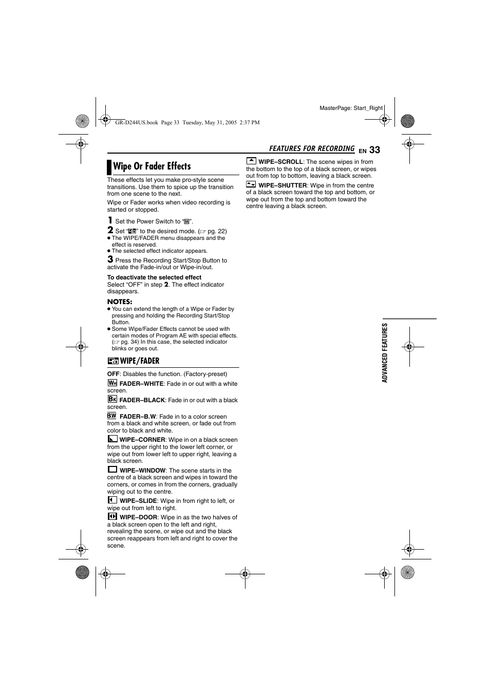 Wipe or fader effects, Wipe/fader, Pg. 33) | JVC Model GR-D244US User Manual | Page 33 / 48