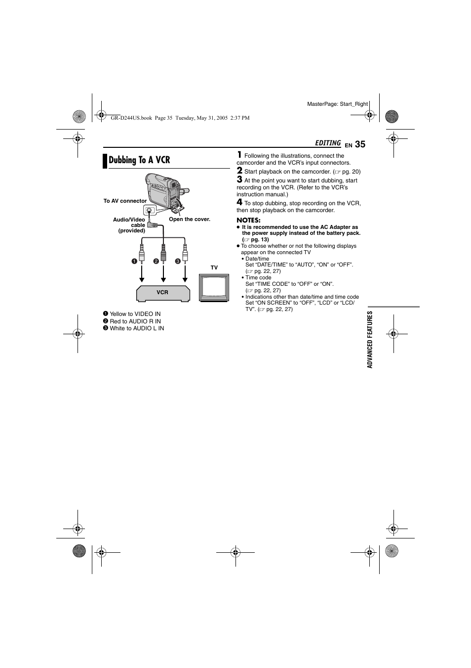Editing, Dubbing to a vcr, Pg. 35 | JVC Model GR-D244US User Manual | Page 35 / 48