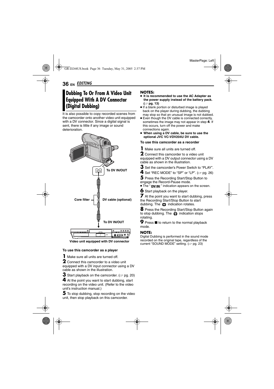 Dubbing to or from a video unit equipped with, A dv connector (digital dubbing), Pg. 36, 3 | JVC Model GR-D244US User Manual | Page 36 / 48