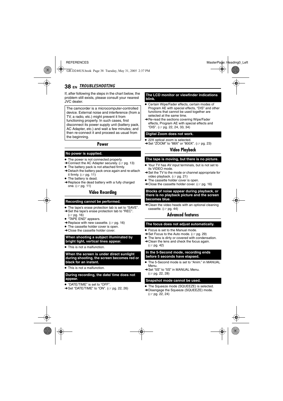 Troubleshooting, References, Power | Video recording, Video playback, Advanced features | JVC Model GR-D244US User Manual | Page 38 / 48