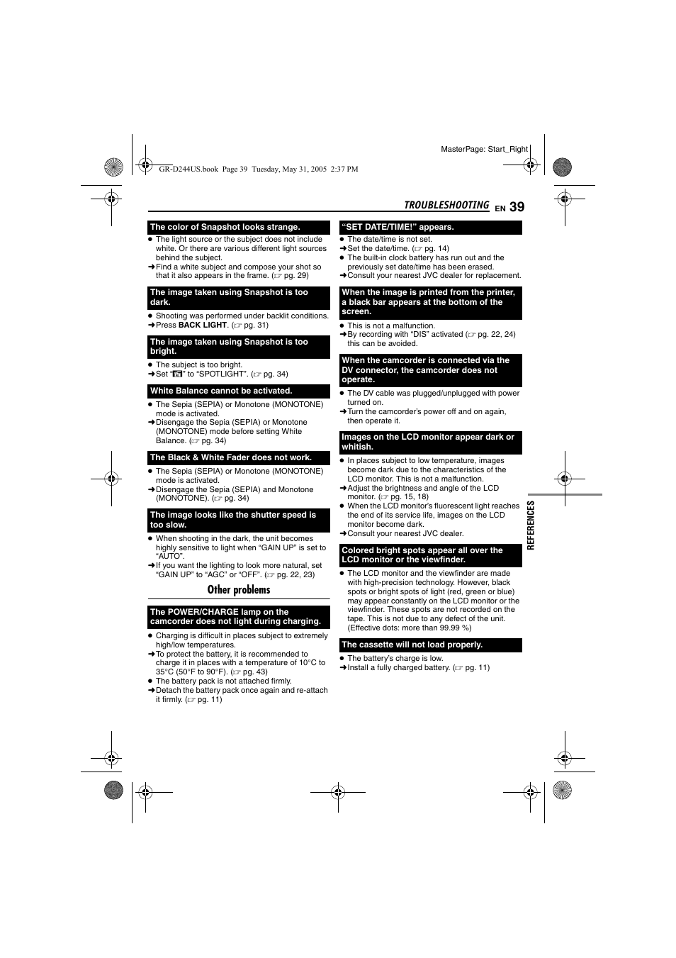 Pg. 39), Troubleshooting, Other problems | JVC Model GR-D244US User Manual | Page 39 / 48
