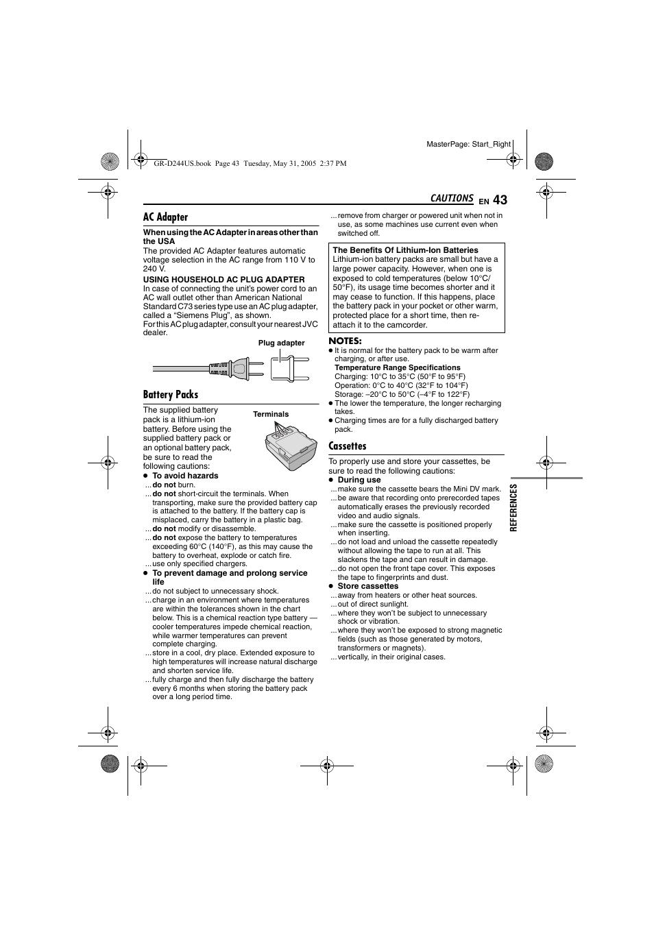 Cautions, Ac adapter, Battery packs | Cassettes, Pg. 43) | JVC Model GR-D244US User Manual | Page 43 / 48