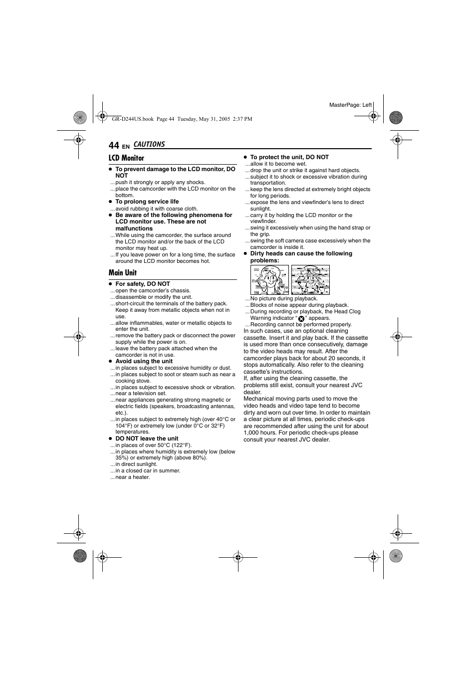 Lcd monitor, Main unit, Pg. 44) | Cautions | JVC Model GR-D244US User Manual | Page 44 / 48