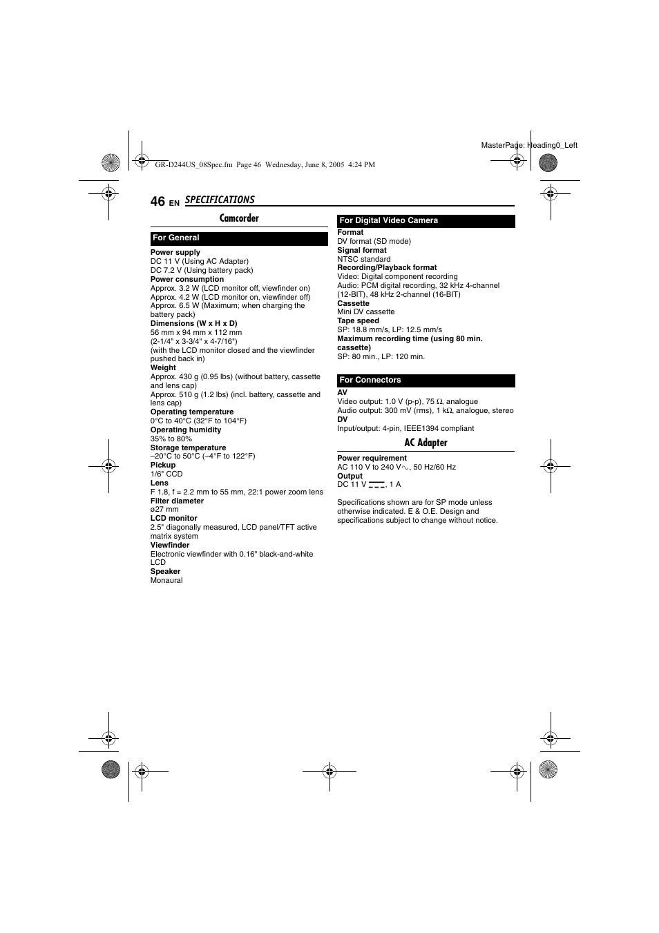 Specifications, Camcorder, Ac adapter | JVC Model GR-D244US User Manual | Page 46 / 48