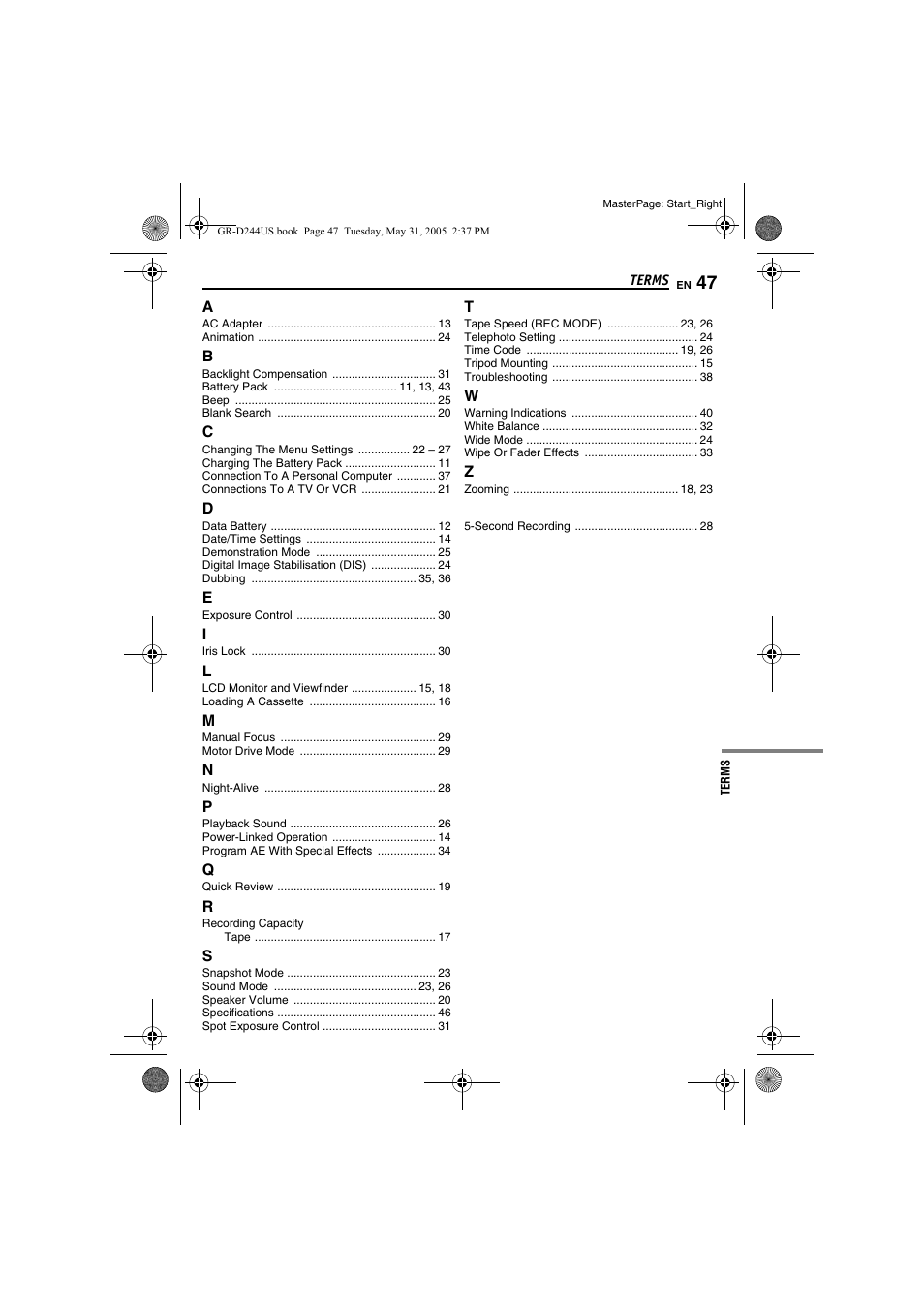 Terms | JVC Model GR-D244US User Manual | Page 47 / 48