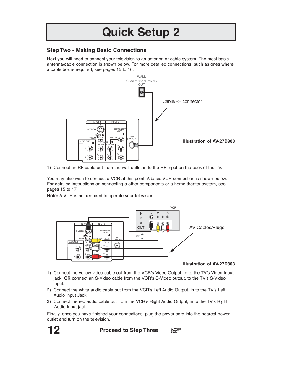 Quick setup 2, Step two - making basic connections, Proceed to step three | Av cables/plugs, Cable/rf connector | JVC AV-27D203 User Manual | Page 12 / 52