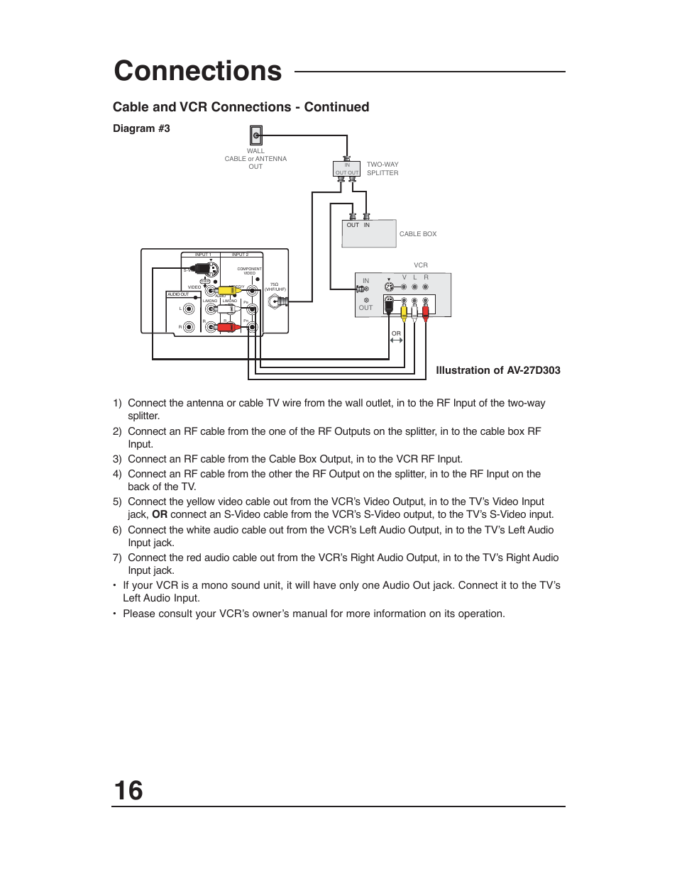 Connections, Cable and vcr connections - continued | JVC AV-27D203 User Manual | Page 16 / 52