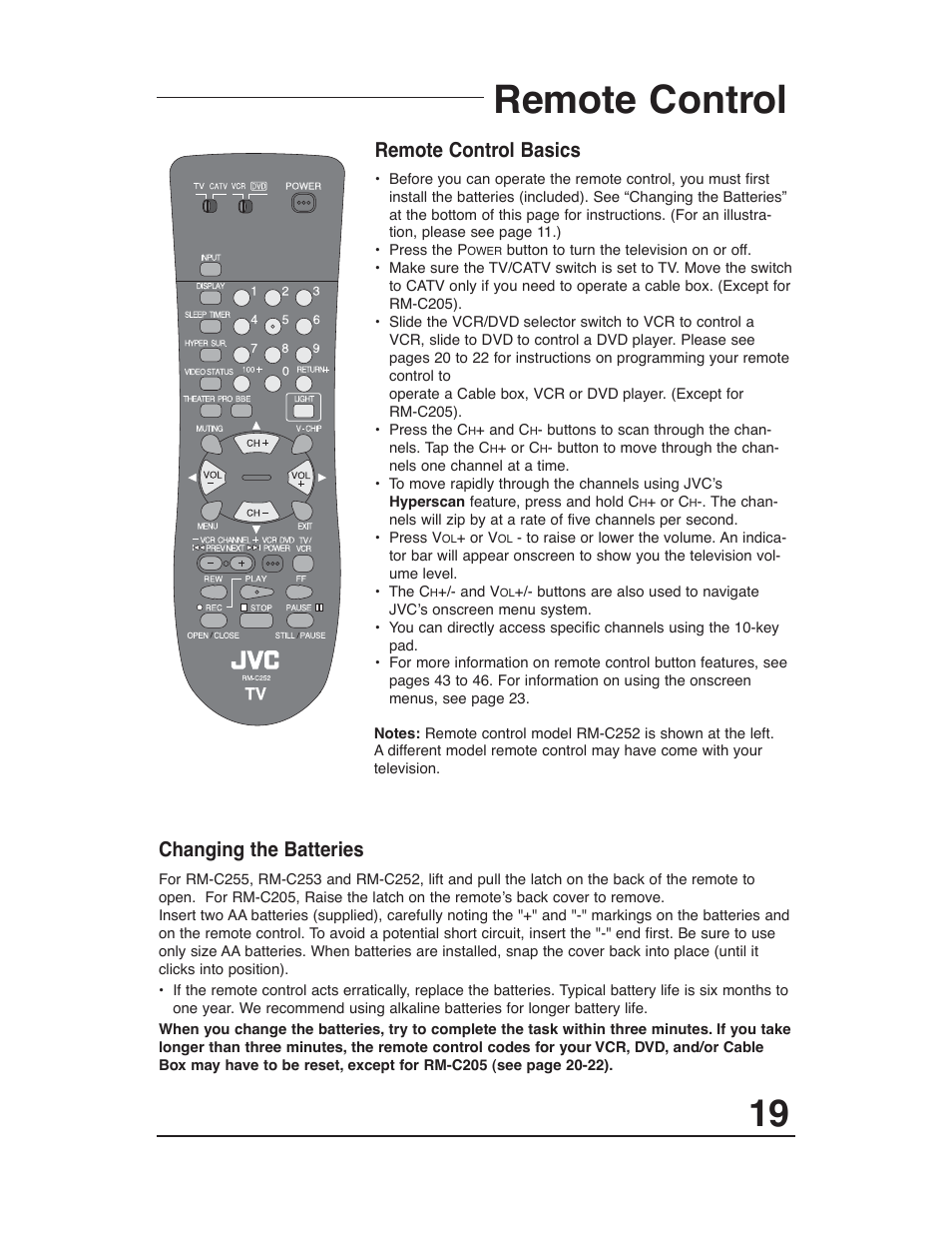 Remote control, Changing the batteries, Remote control basics | JVC AV-27D203 User Manual | Page 19 / 52