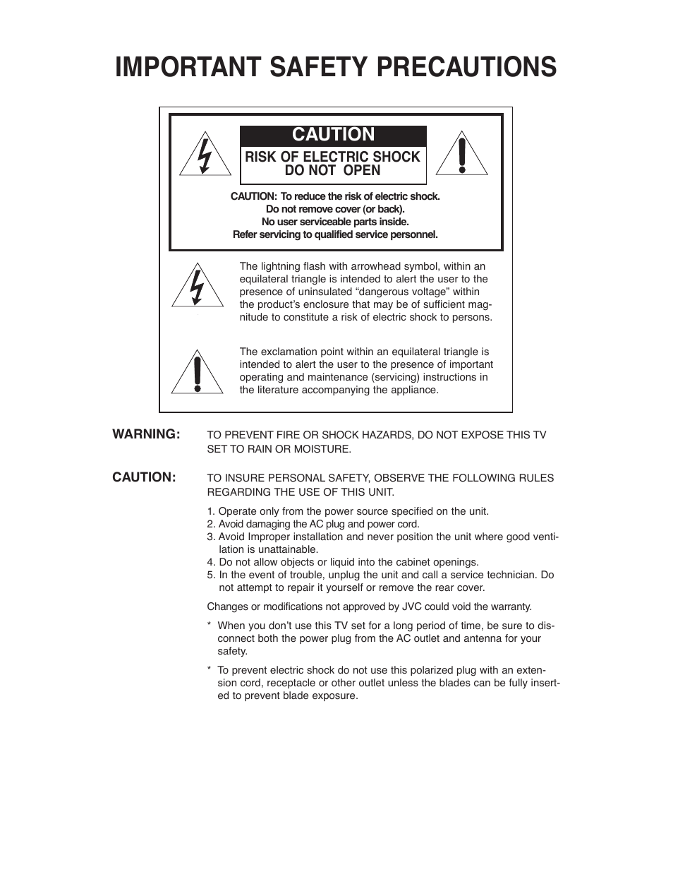 Important safety precautions, Caution, Risk of electric shock do not open | JVC AV-27D203 User Manual | Page 2 / 52