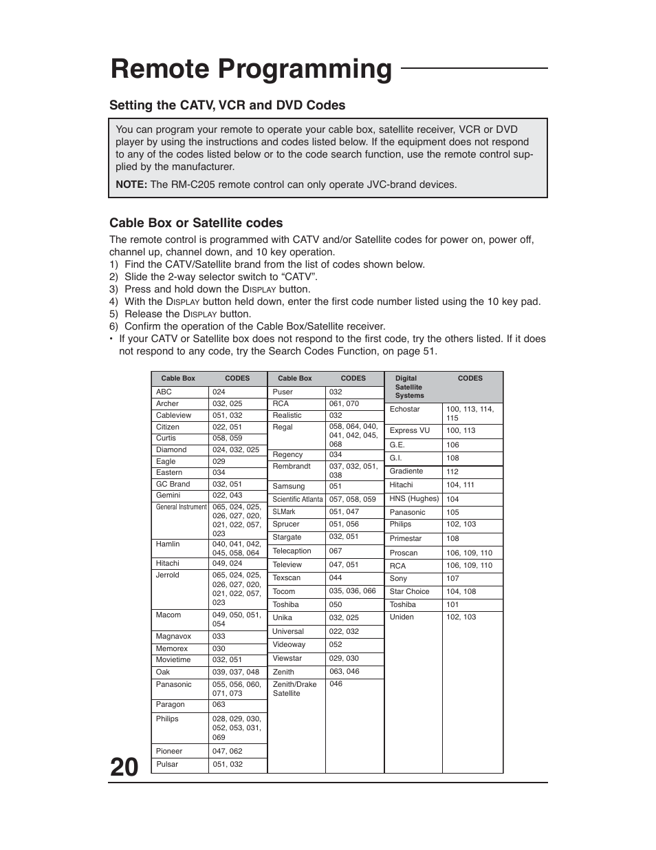 Remote programming, Setting the catv, vcr and dvd codes, Cable box or satellite codes | JVC AV-27D203 User Manual | Page 20 / 52