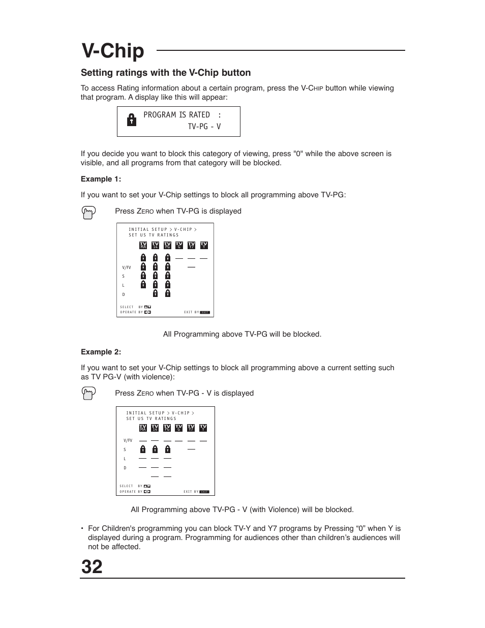 V-chip, Setting ratings with the v-chip button, Program is rated : tv-pg - v | JVC AV-27D203 User Manual | Page 32 / 52