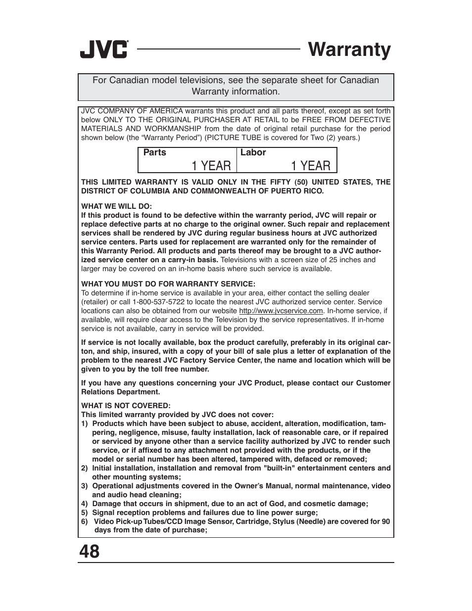 Warranty, 1 year | JVC AV-27D203 User Manual | Page 48 / 52