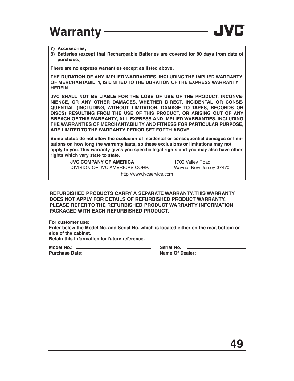 Warranty | JVC AV-27D203 User Manual | Page 49 / 52