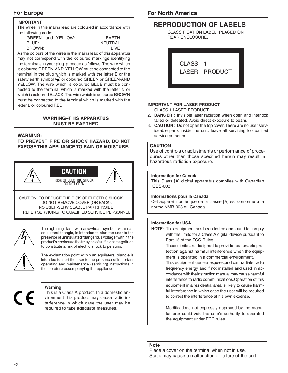 Caution, Reproduction of labels | JVC MC-8200LU User Manual | Page 2 / 35