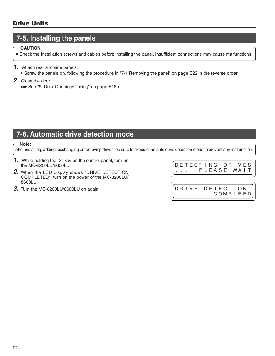 5. installing the panels, 6. automatic drive detection mode | JVC MC-8200LU User Manual | Page 24 / 35