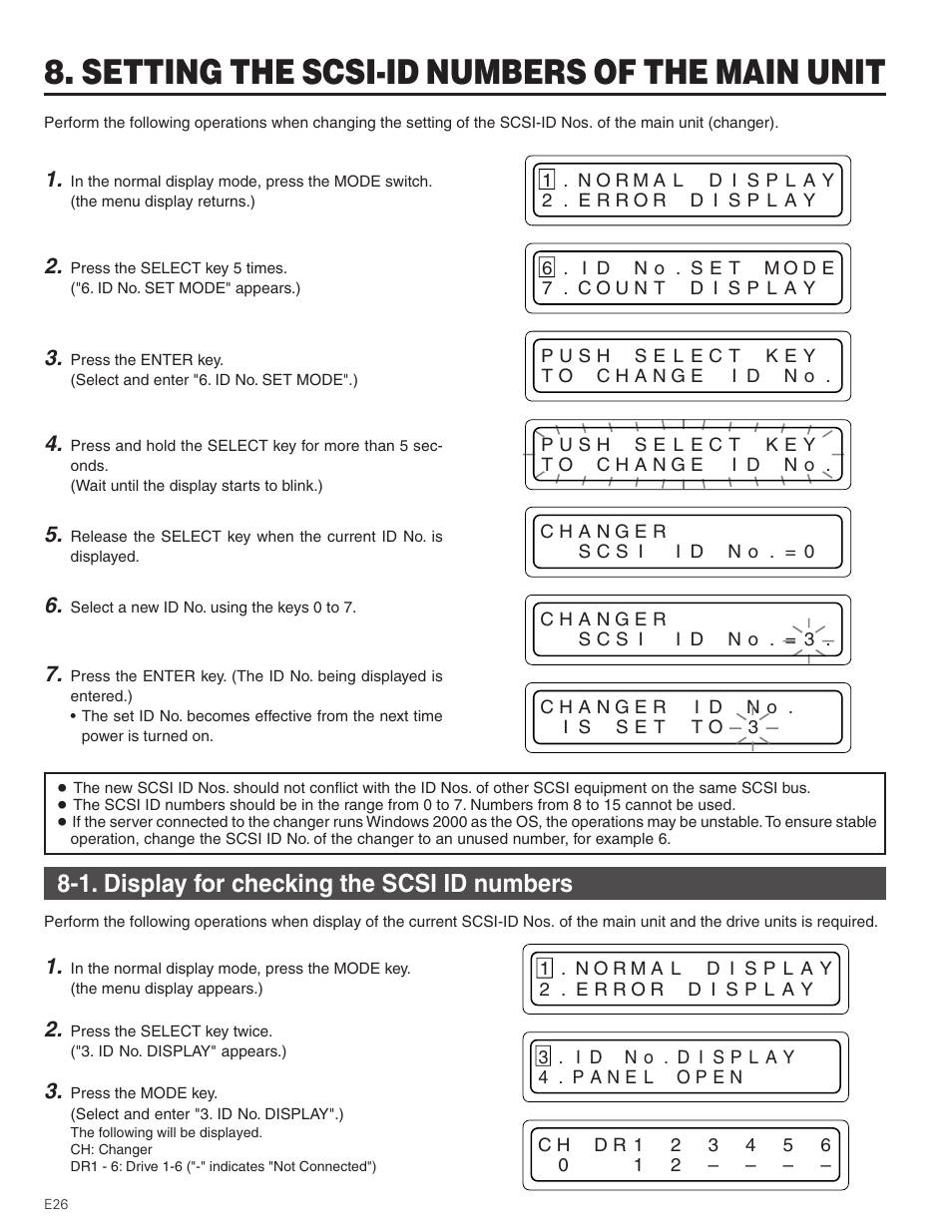 Setting the scsi-id numbers of the main unit, 1. display for checking the scsi id numbers | JVC MC-8200LU User Manual | Page 26 / 35